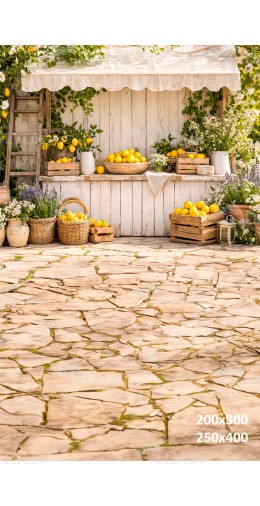 Tło fotograficzne „Rustykalny stragan z cytrynami i kwiatami” | 4017